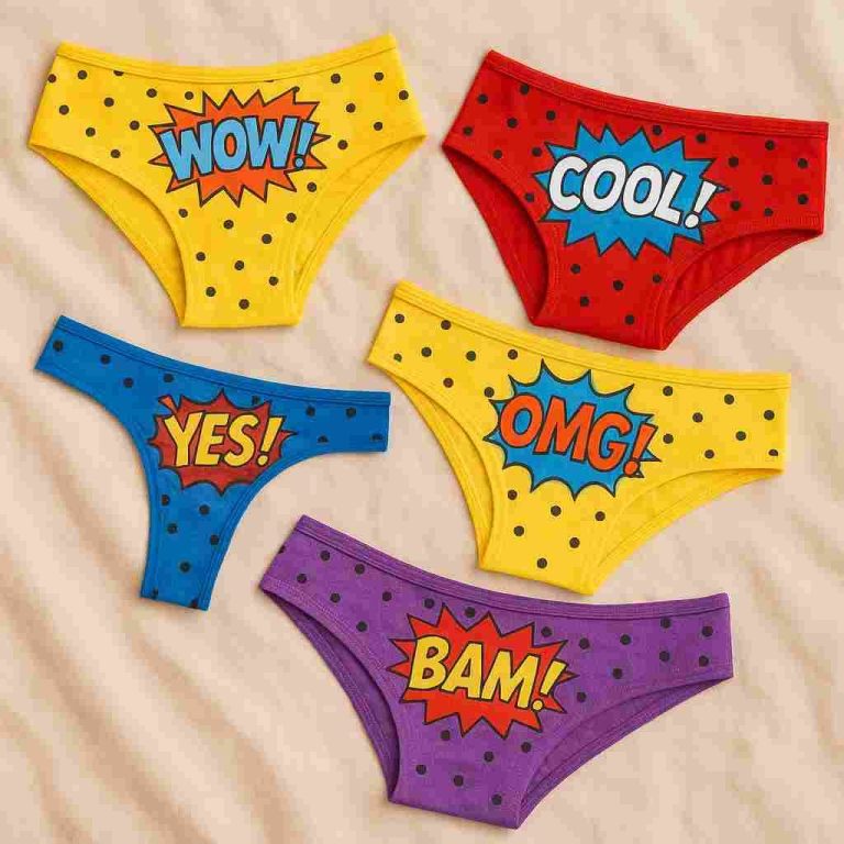 Slips mit Comic-Sprache – getragen & voller Ausdruckskraft Getragene Damenhöschen mit Comic-Schriftzügen wie „WOW“ und „COOL“ – frech, bunt & auffällig