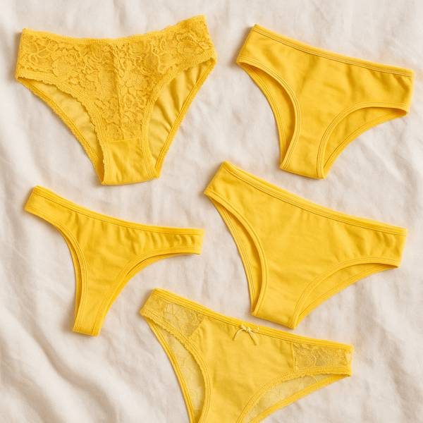 Getragene gelbe Slips kaufen – leuchtend & feminin von echten Frauen Fünf gelbe getragene Damen-Slips – sonnig, verspielt und individuell getragen
