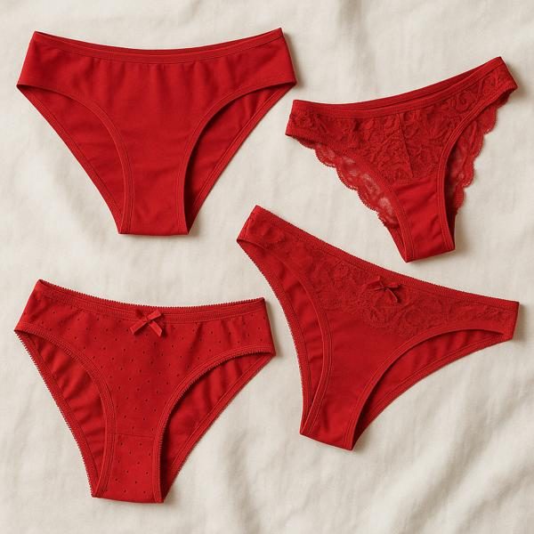 Getragene rote Slips kaufen – sinnlich, diskret & echt Vier rote getragene Slips von echten Frauen – stilvoll auf hellem Stoff präsentiert