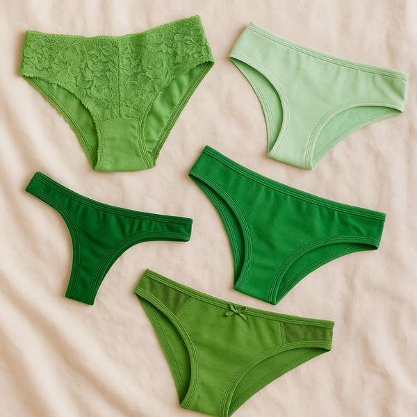 Grüne getragene Slips kaufen – frisch, natürlich & echt Fünf grüne getragene Slips in verschiedenen Tönen – natürlich & persönlich präsentiert
