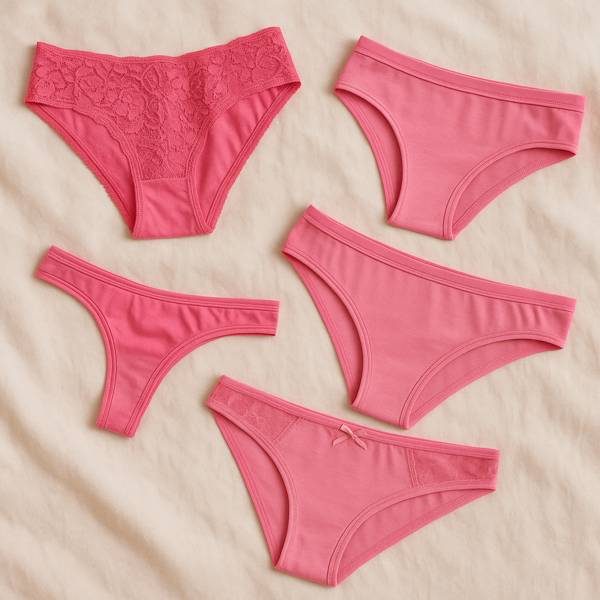 Rosa getragene Slips kaufen – feminin & sinnlich von echten Frauen Fünf rosa getragene Damenhöschen – zart, verspielt und liebevoll präsentiert
